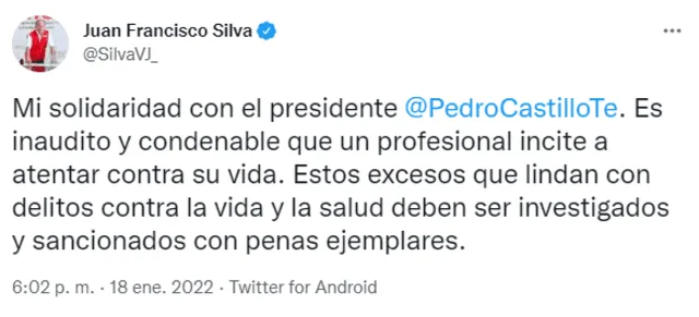 Tuit del Ministro Juan Silva. Foto: captura