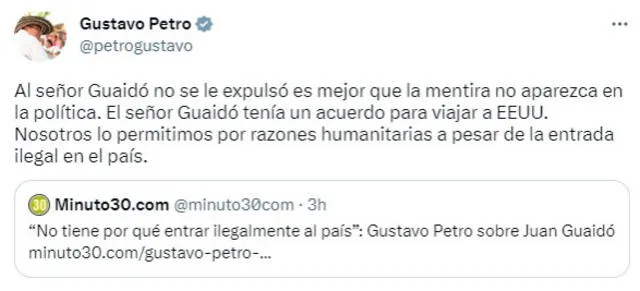 Gustavo Petro, presidente de Colombia, rechazó la acusación de Juan Guaidó. Foto: petrogustavo / Twitter   