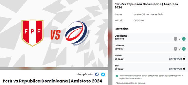 Precios de las entradas para el Perú vs. República Dominicana. Foto: captura de Joinnus 