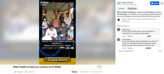 <em> Publicación de la reunión entre agricultores y Pedro Castillo en mayo del 2021. Foto: captura de pantalla</em> <em> Publicación de la reunión entre agricultores y Pedro Castillo en mayo del 2021. Foto: captura de pantalla</em>