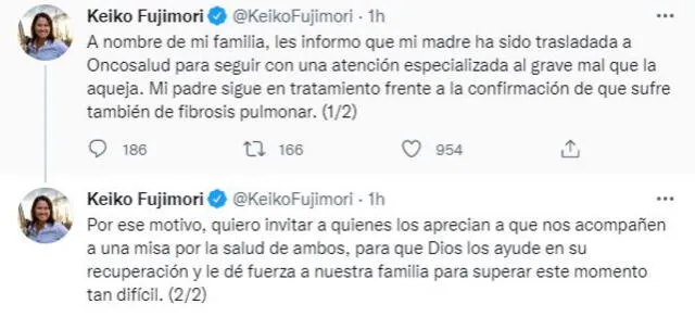 Keiko Fujimori se pronunció a través de su cuenta de Twitter sobre la situación actual de su madre. Foto: Twitter