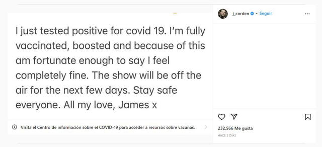 James Corden reveló que se contagio por Coronavirus