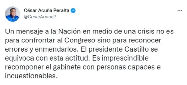 César Acuña se pronunció a través de su cuenta Twitter.