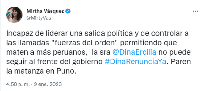 Tuit de Mirtha Vásquez sobre muertes en Juliaca. Foto: captura de Twitter