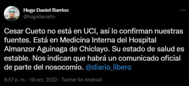 Tuit de Hugo Barrios, corresponsal del Grupo La República en Chiclayo. Foto: captura de Twitter