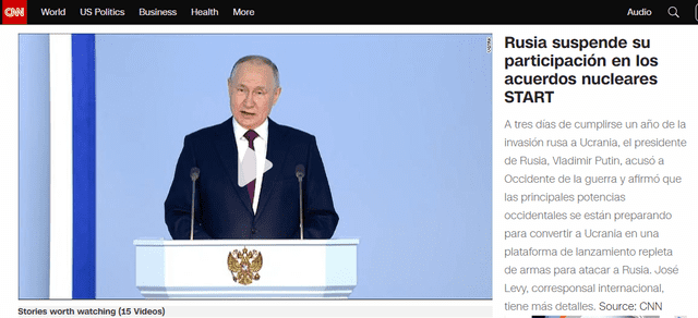  <em>Noticia de CNN sobre el discurso de Vladimir Putin ante el Parlamento de Rusia. Foto: captura en web / CNN.</em>    