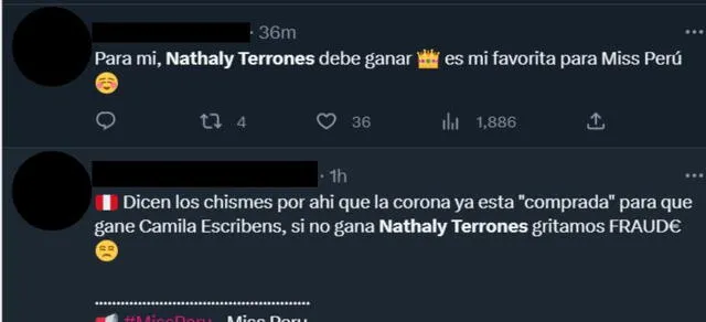  Usuarios manifiestan que Nathaly Terrones debió ganar el Miss Perú 2023. Foto: Twitter   