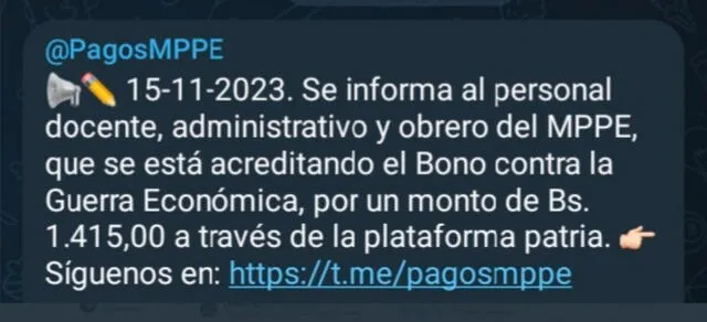 El monto del Bono de Guerra para docentes fue de 1.415 bolívares. Foto: Pagos MPPE/Telegram