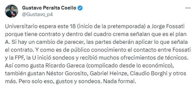  Universitario todavía no realiza ofertas por otros técnicos, aclaró el comunicador. Foto: captura de Gustavo Peralta/X    