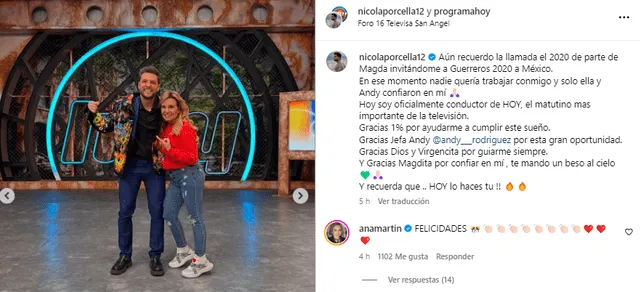 Nicola Porcella celebra tras unirse oficialmente a 'Hoy'. La famosa actriz Ana Martín lo felicitó por su nuevo logro. Foto: captura Instagram   