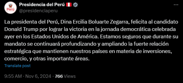 Saludo de la presidenta Dina Boluarte a Donald Trump tras ganar las elecciones a Kamala Harris.   