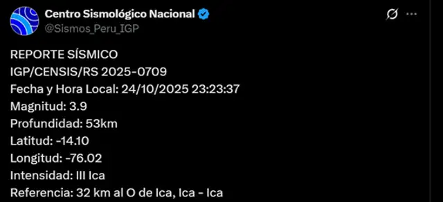 Sismo de magnitud 3,9 sacude Ica. Foto: IGP Sismo de magnitud 3,9 sacude Ica. Foto: IGP
