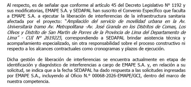 Sedapal explica que su función se limita a brindar asistencia técnica y acompañamiento especializado, por lo que no tiene responsabilidad sobre la ejecución de la obra.