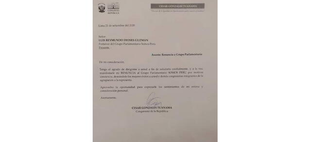 Este es el documento de renuncia que presentó el congresista César Gonzales al portavoz de Somos Perú. Foto: Captura.