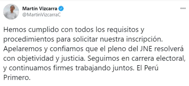 Martín Vizcarra apelará resolución del JEE.