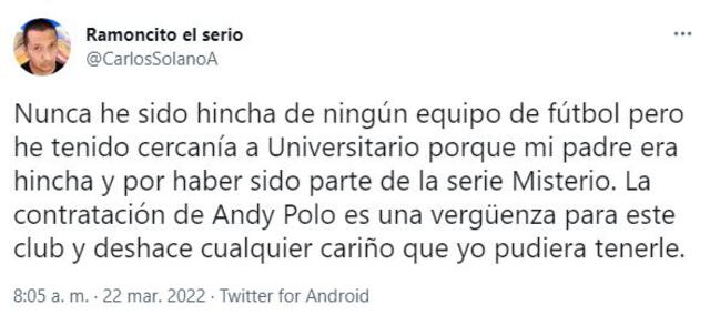 Carlos Solano rechazó el fichaje de Andy Polo por Universitario.