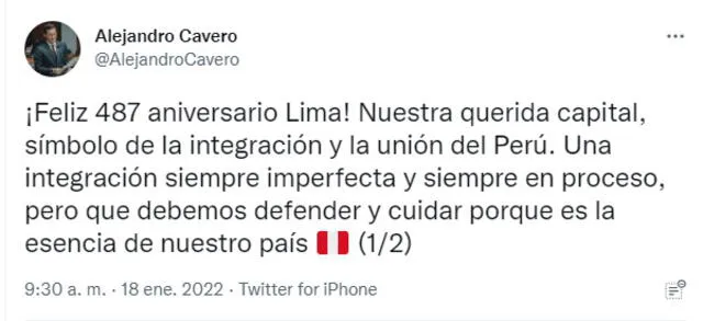 Alejandro Cavero se pronuncio en su cuenta de Twitter