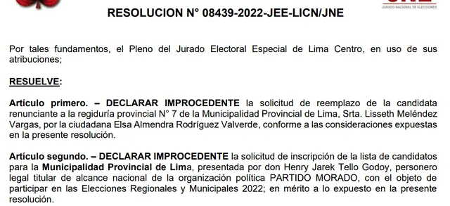 Resolución del JEE Lima Centro que declaró improcedente inscripción de candidatos a Lima Metropolitana del Partido Morado. Foto: documento