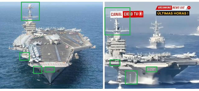 <em>A la izquierda, escena del USS Harry Truman obtenida de la web. A la derecha, la nave de la escena viral. Foto: captura de Google / X</em>   