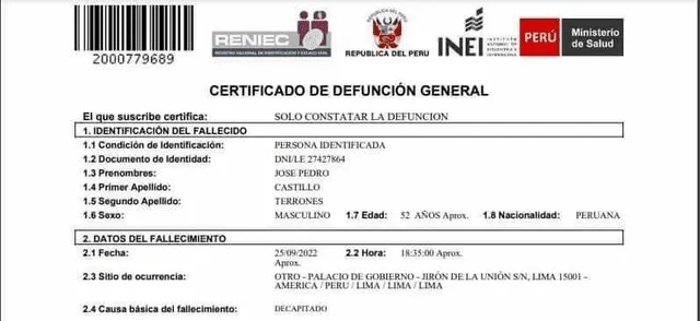 Certificado de defunción de Pedro Castillo. Foto: captura de Twitter