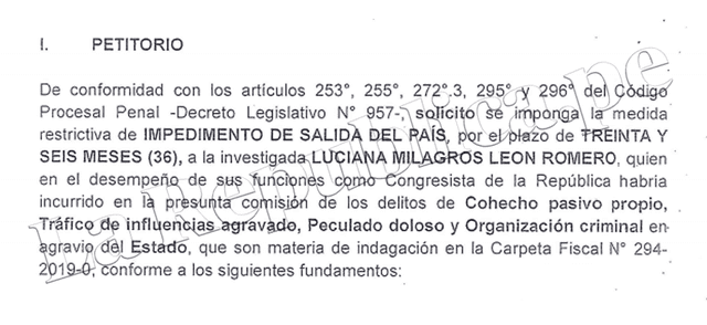 Solicitud fiscal de impedimento de salida contra Luciaa León.