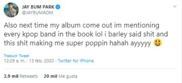 Jay Park responde a críticos en Twitter.