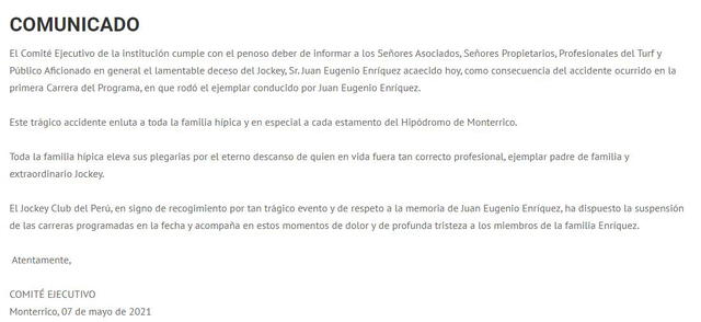 Comunicado sobre el fallecimiento de Enríquez Ortiz. Foto: captura página web del Hipódromo de Monterrico