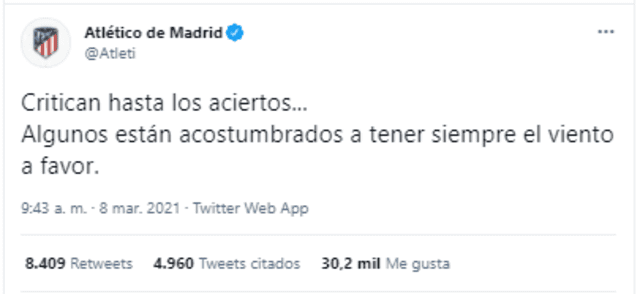 Atlético de Madrid respondió en redes sociales. Foto: Twitter