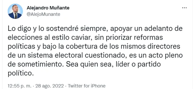 El congresista Alejandro Muñante se pronunció a través de su cuenta de Twitter.