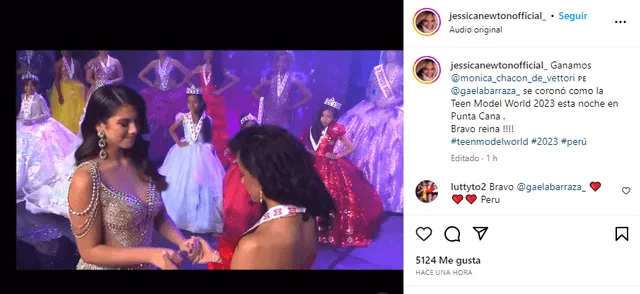  Reacción de Jessica Newton ante la coronación de Gaela Barraza como la nueva reina del Miss Teen Model World 2023. Foto: captura Instagram/ Jessica Newton<br>    