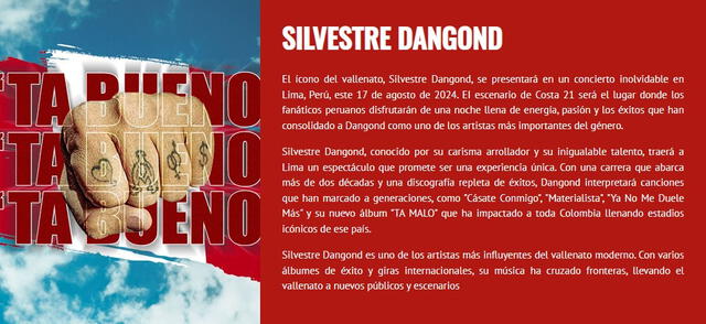 Silvestre Dangond gira Perú. Foto: Teleticket   