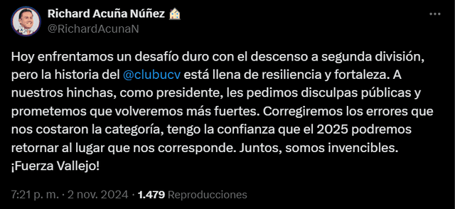  Tuit de Richard Acuña sobre descenso de César Vallejo. Foto: captura de X/Richard Acuña   