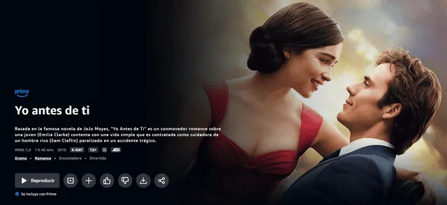  La película ‘Yo antes de ti’ se encuentra en el catálogo de Prime Video. Foto: captura    