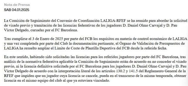  Comunicado de LaLiga sobre Dani Olmo y Pau Víctor. Foto: LaLiga   