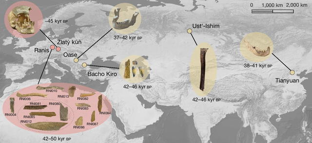  Distribución geográfica de especímenes humanos modernos de más de 40 mil años de antigüedad que produjeron datos de todo el genoma. Foto: Nature   