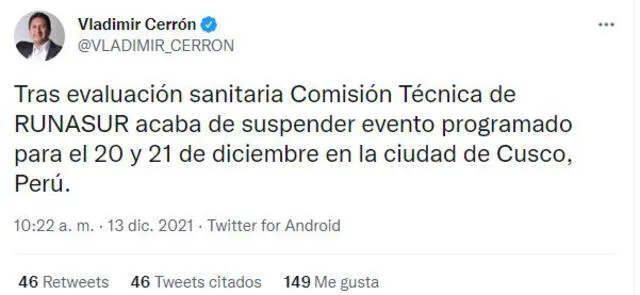 Vladimir Cerrón confirmó la suspensión del Runasur 2021. Foto: Twitter
