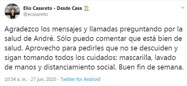 Elio Casareto informó el estado actual de André Carrillo tras positivo por coronavirus - Twitter