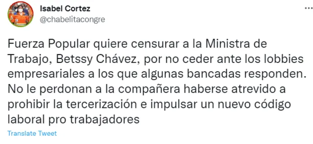La congresista Isabel Cortez se pronunció a través de su cuenta de Twitter.