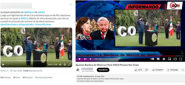  Publicaciones señalan que el video de la quema de la bandera mexicana se trata de un reciente suceso en 2023. Foto: captura en Facebook y Youtube.    