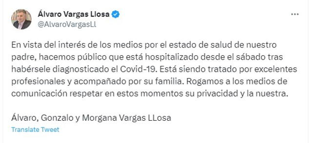 Álvaro Vargas Llosa, hijo de<strong> Mario Vargas Llosa</strong>, también comunicó sobre el estado de salud. Foto: captura Twitter.    