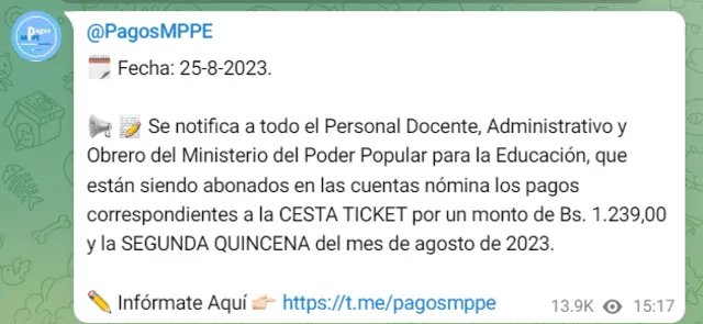 La segunda quincena llegó con el Cestaticket. Foto: Pagos MPPE/Telegram