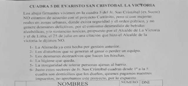  Documento enviado por los vecinos a la Municipalidad de La Victoria. Foto: Cortesía.   