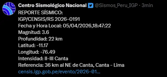 último sismo en Lima según IGP