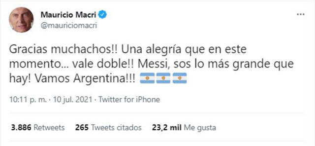 Tuit del expresidente de Argentina, Mauricio Macri sobre el triunfo de Argentina en la Copa América 2021. Foto: captura Twitter