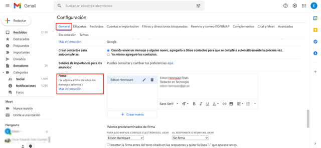 Firma en Gmail desde la computadora