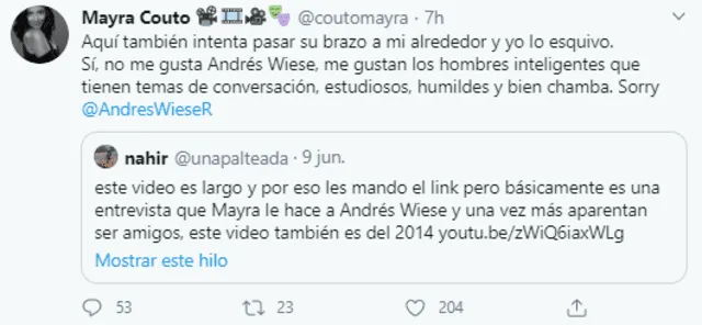 Mayra Couto asegura que Andrés Wiese no es su tipo. Foto: Captura Twitter.