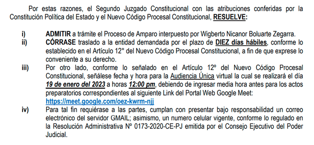 Amparo de Wigberto Boluarte contra informe de Contraloría. Foto: documento