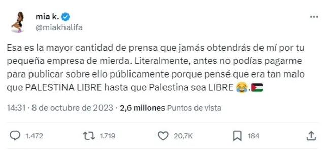 La exactriz se pronunció a través de Twitter para brindar su respaldo a Palestina. Foto: @miakhalifa   