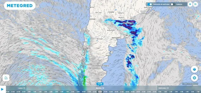  El mapa meteorológico muestra el avance de las lluvias y las zonas más afectadas. Foto: Meteored<br>    