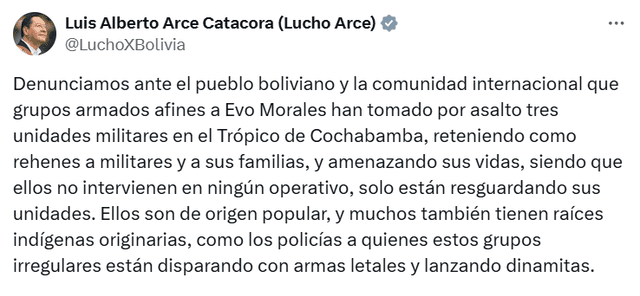 Luis Arce denunció la toma de miliares por parte de seguidores de Evo Morales. Foto: captura X   